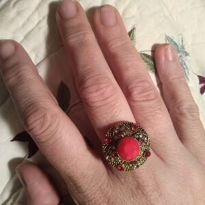 Little Red Ring Hood Ring 8.5 gold silver crystals